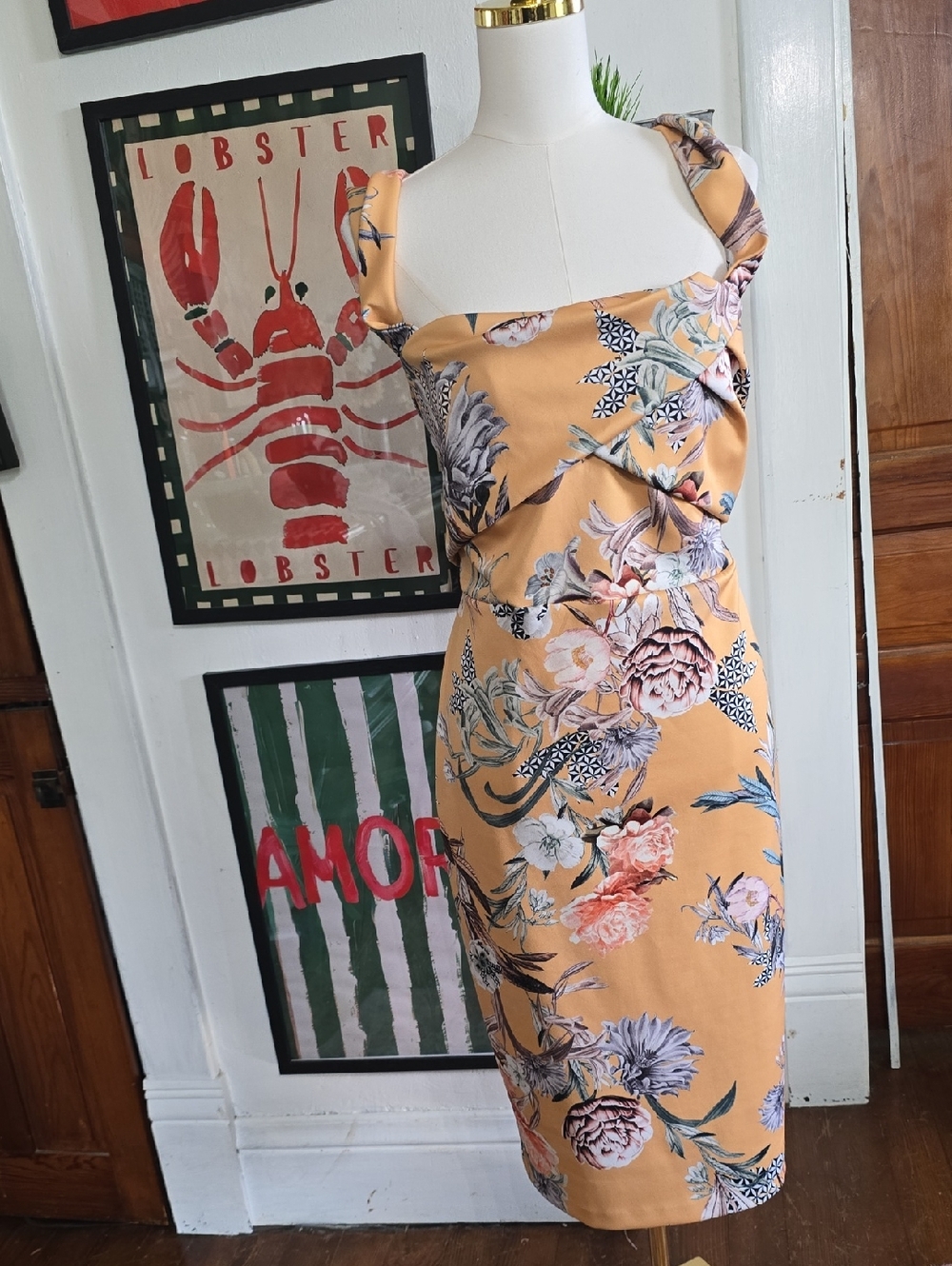 ASOS Tropical Floral Midi Dress in Mustard Yellow 14